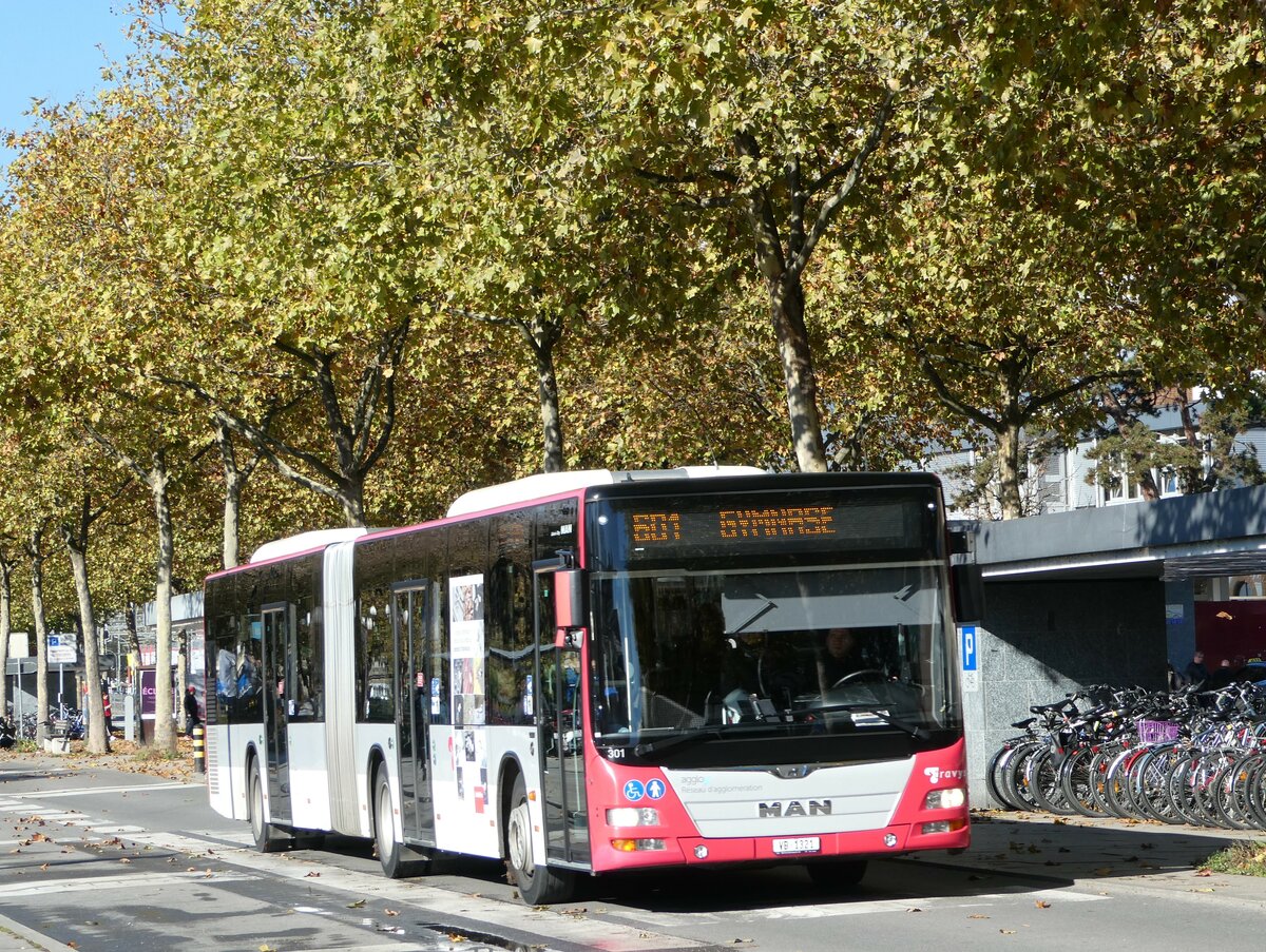 (242'348) - TRAVYS Yverdon - Nr. 301/VD 1321 - MAN am 10. November 2022 beim Bahnhof Yverdon