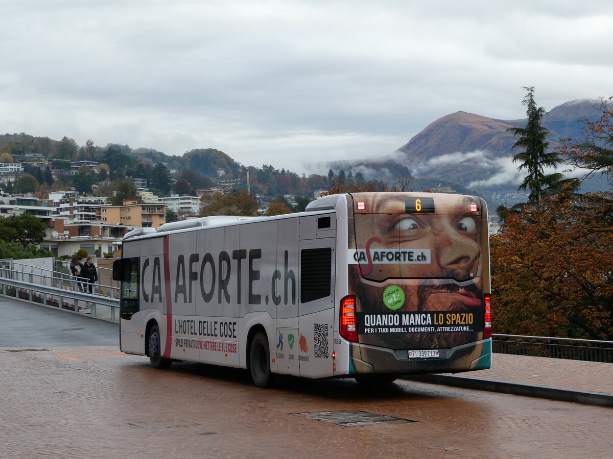 (242'766) - TPL Lugano - Nr. 328/TI 339'713 - Mercedes am 16. November 2022 beim Bahnhof Lugano