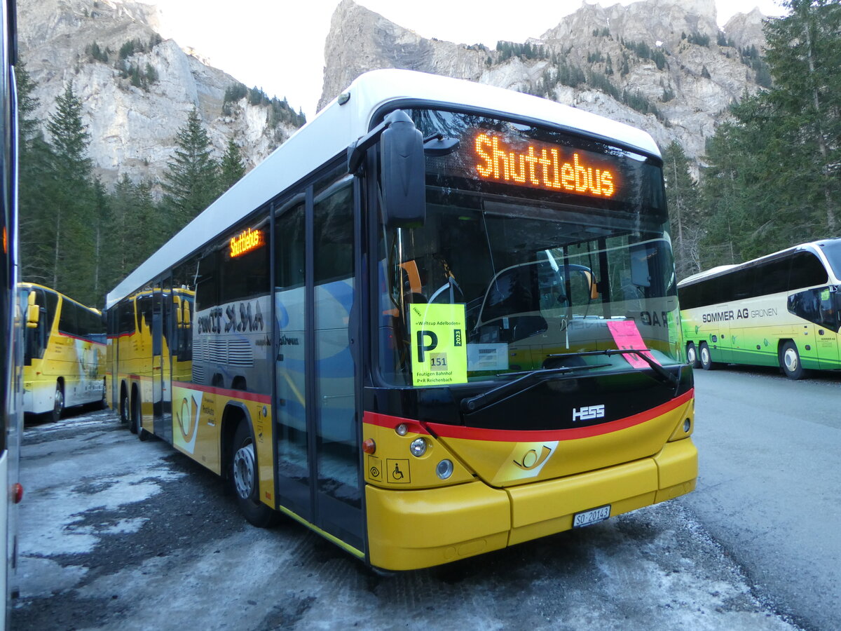 (244'689) - Steiner, Messen - SO 20'143/PID 5372 - Scania/Hess (ex SO 136'226) am 7. Januar 2023 in Adelboden, Unter dem Birg