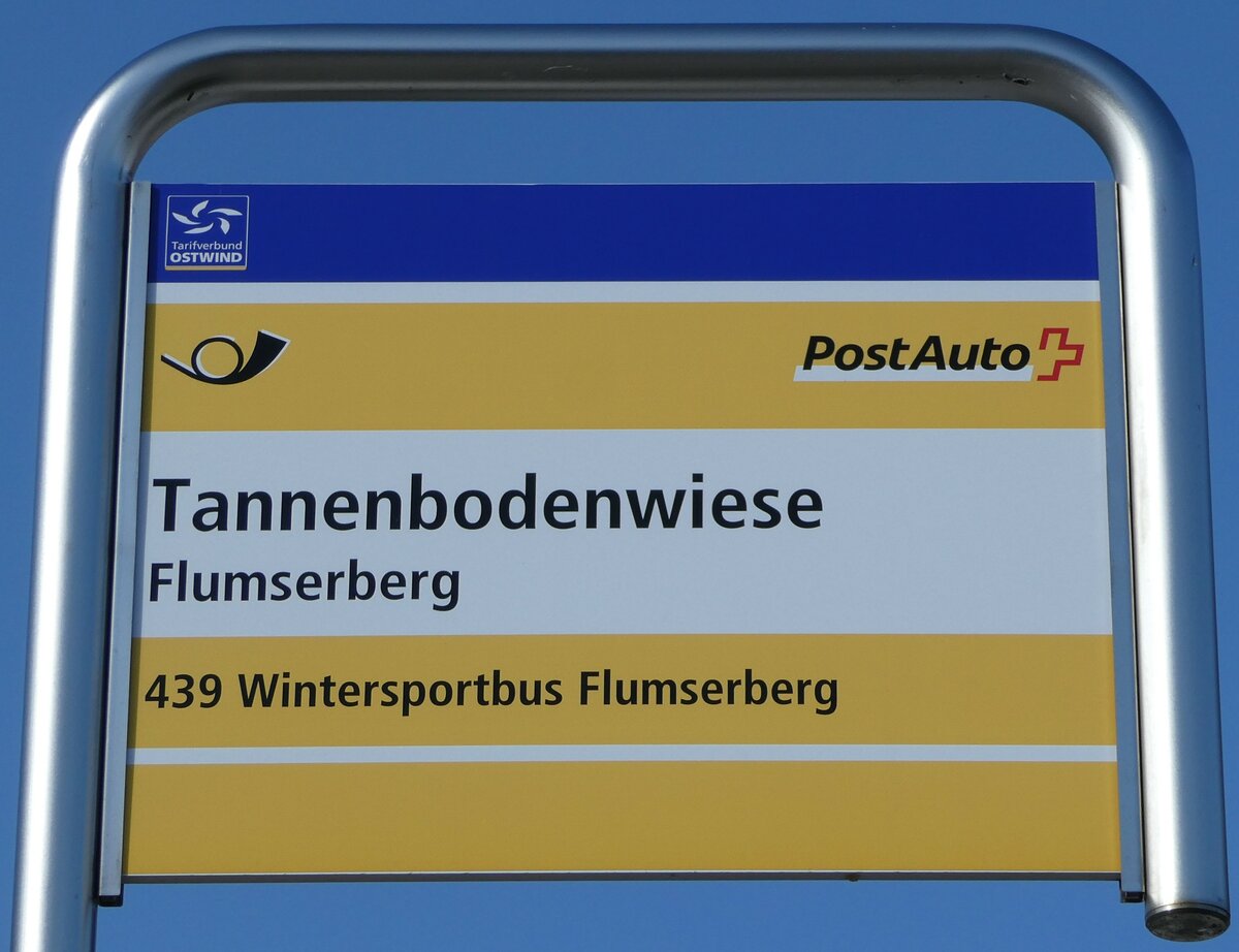 (246'497) - PostAuto-Haltestellenschild - Flumserberg, Tannenbodenwiese - am 24. Februar 2023