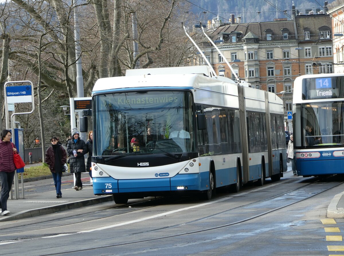 (246'975) - VBZ Zürich - Nr. 75 - Hess/Hess Doppelgelenktrolleybus am 9. März 2023 in Zürich, Sihlpost/HB