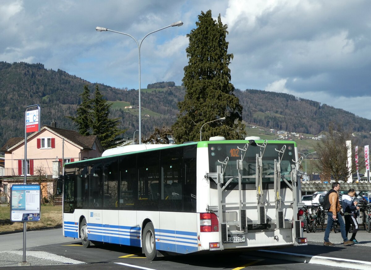 (247'057) - RTB Altstätten - Nr. 919/SG 482'215 - MAN (ex PostBus/A BD 15'352) am 9. März 2023 beim Bahnhof Altstätten