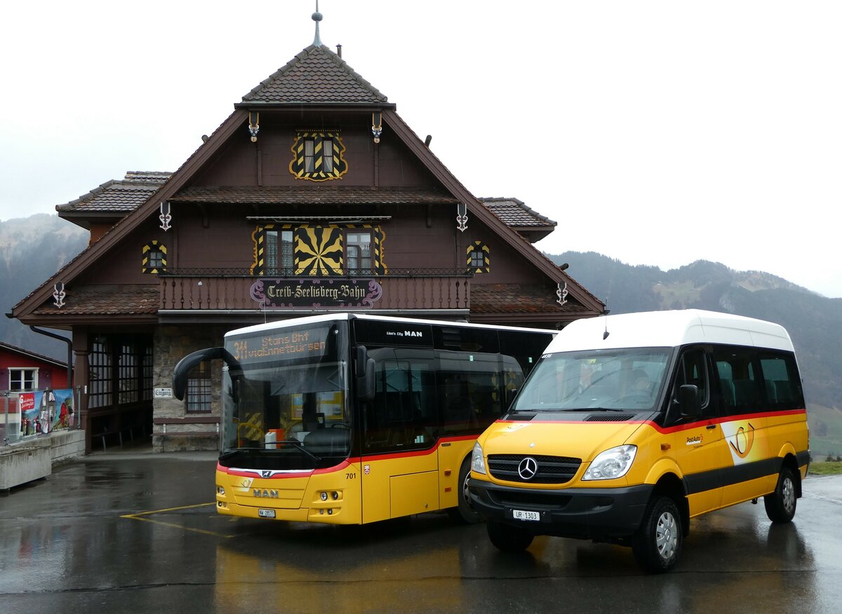 (247'104) - TSB Seelisberg - UR 1303/PID 4836 - Mercedes (ex Schnider, Schüpfheim) am 10. März 2023 beim Bahnhof Seelisberg