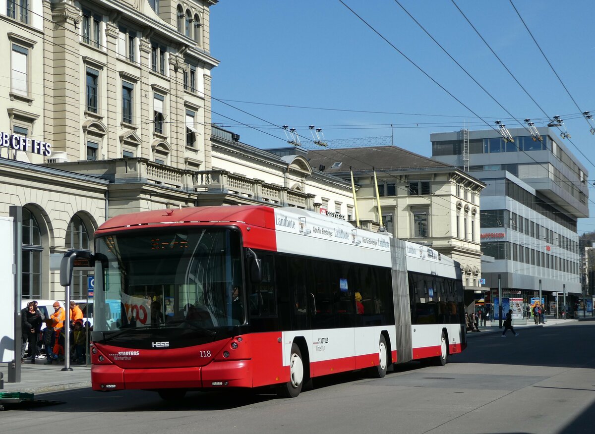 (248'091) - SW Winterthur - Nr. 118 - Hess/Hess Gelenktrolleybus am 6. April 2023 beim Hauptbahnhof Winterthur