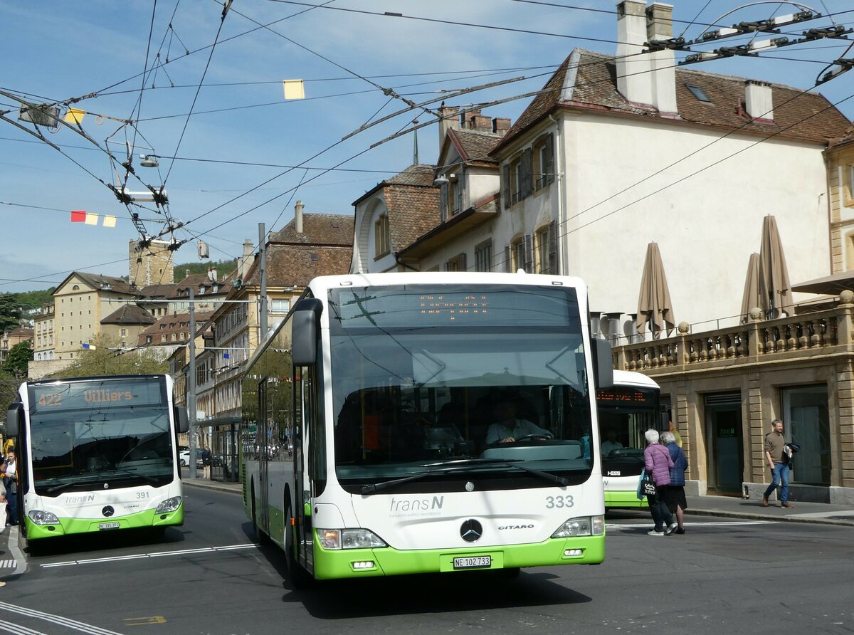 (249'600) - transN, La Chaux-de-Fonds - Nr. 333/NE 102'733 - Mercedes (ex TRN La Chaux-de-Fonds Nr. 333) am 5. Mai 2023 in Neuchtel, Place Pury