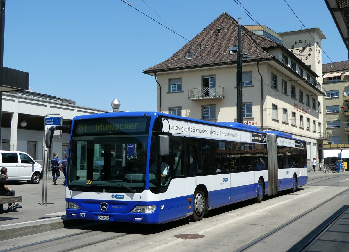 (251'467) - VBZ Zrich - Nr. 187/ZH 617'187 - Mercedes (ex VZO Grningen Nr. 108) am 13. Juni 2023 beim Bahnhof Zrich Oerlikon