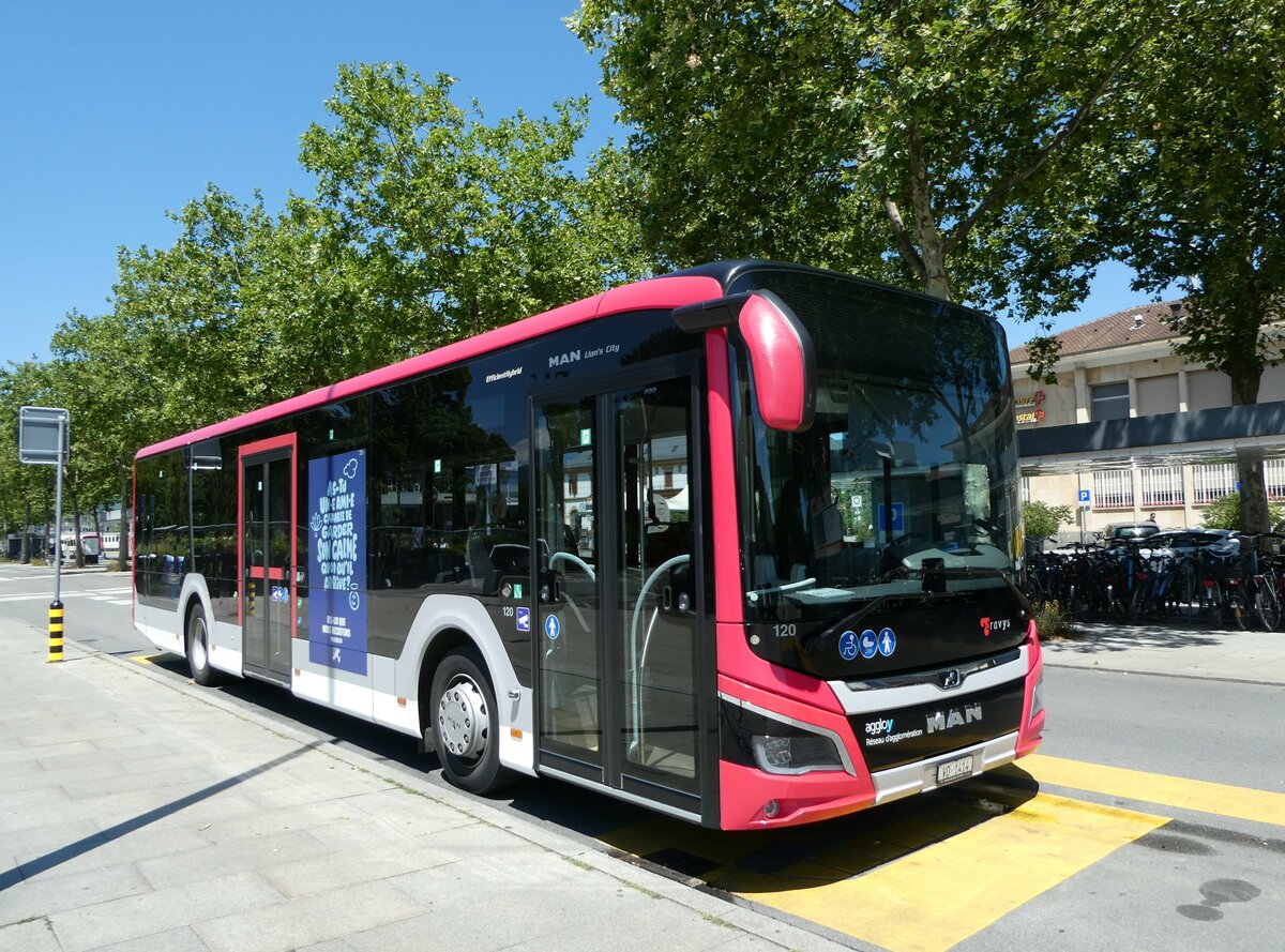 (252'501) - TRAVYS Yverdon - Nr. 120/VD 1414 - MAN am 8. Juli 2023 beim Bahnhof Yverdon