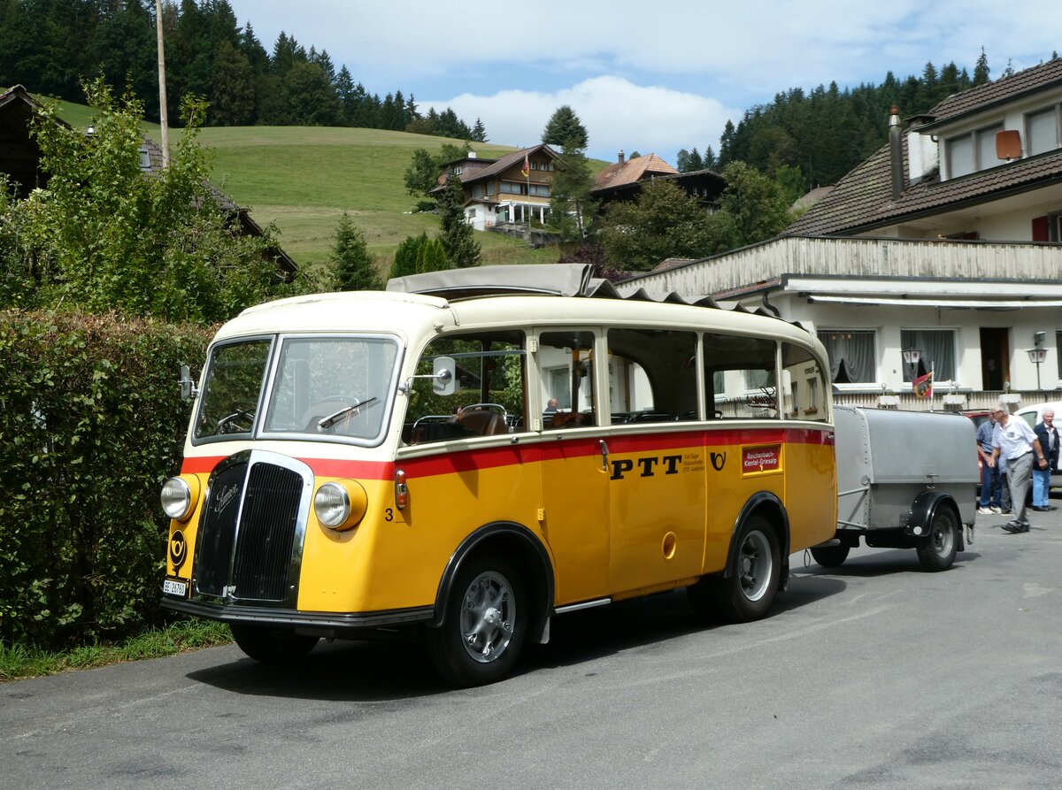 (253'546) - Schmid, Thrishaus - Nr. 3/BE 26'760 - Saurer/Gangloff (ex Geiger, Adelboden Nr. 3) am 9. August 2023 in Rinderbach, Rest. zur Sge