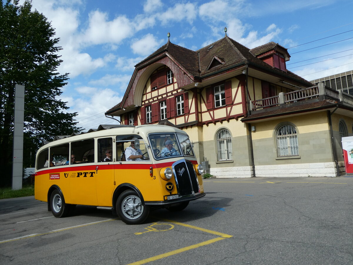 (253'579) - Schmid, Thrishaus - Nr. 3/BE 26'760 - Saurer/Gangloff (ex Geiger, Adelboden Nr. 3) am 9. August 2023 beim Bahnhof Ostermundigen