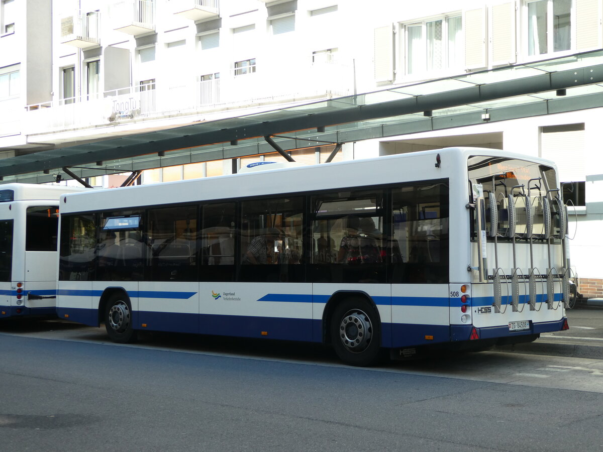 (253'587) - ZVB Zug - Nr. 508/ZG 84'508 - Lanz+Marti/Hess Personenanhnger am 11. August 2023 beim Bahnhof Zug