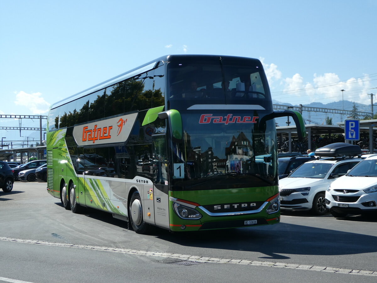 (253'870) - Gafner, Thun - Nr. 3/BE 53'616 - Setra (ex Sommer, Grnen; ex VIP Transport, LV-Riga) am 16. August 2023 beim Bahnhof Thun