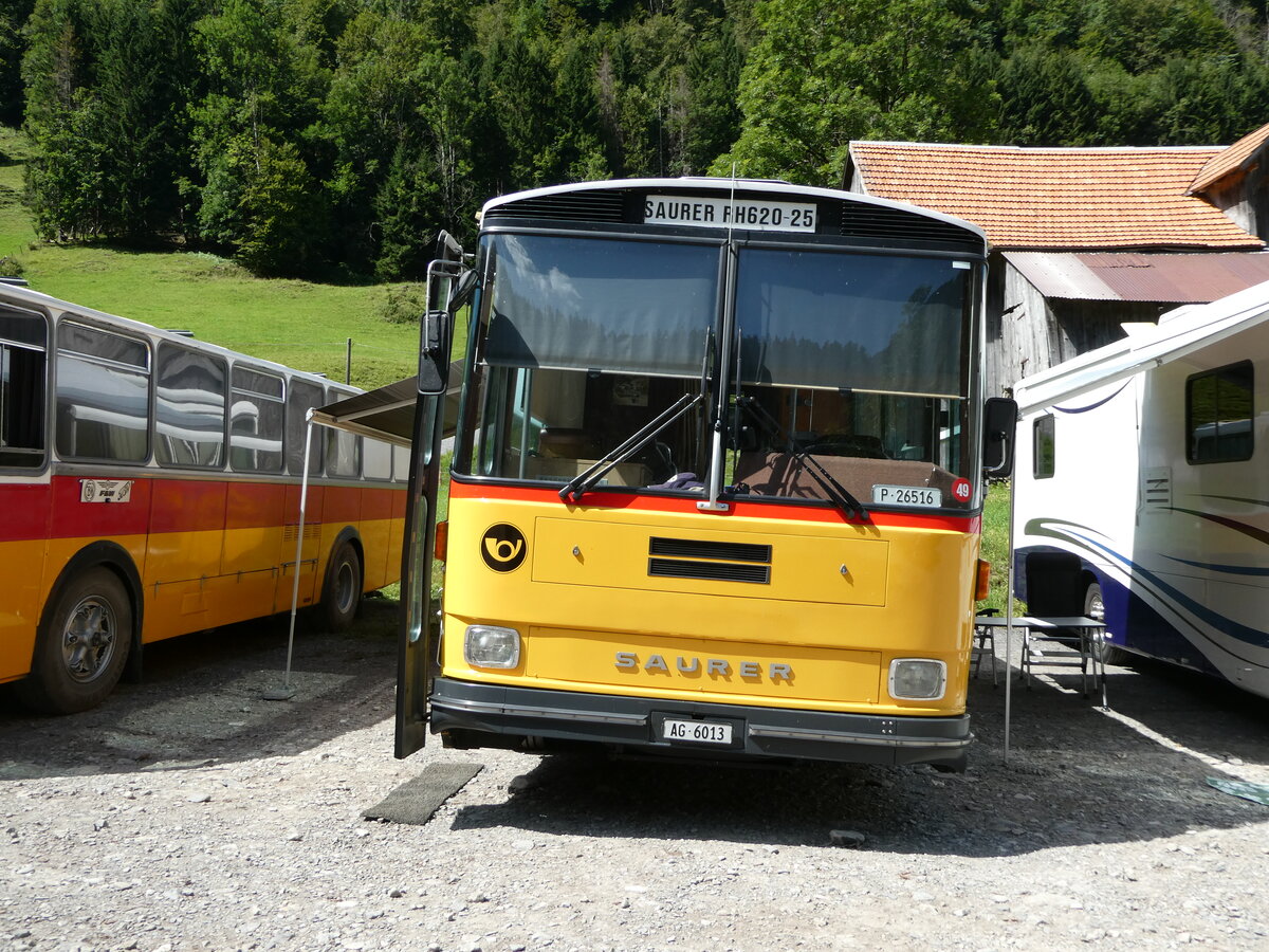 (254'001) - Gloor, Staufen - AG 6013 - Saurer/Hess (ex ALMAT, Tagelswangen; ex P 26'516) am 19. August 2023 in Hoch-Ybrig, Talstation Weglosen