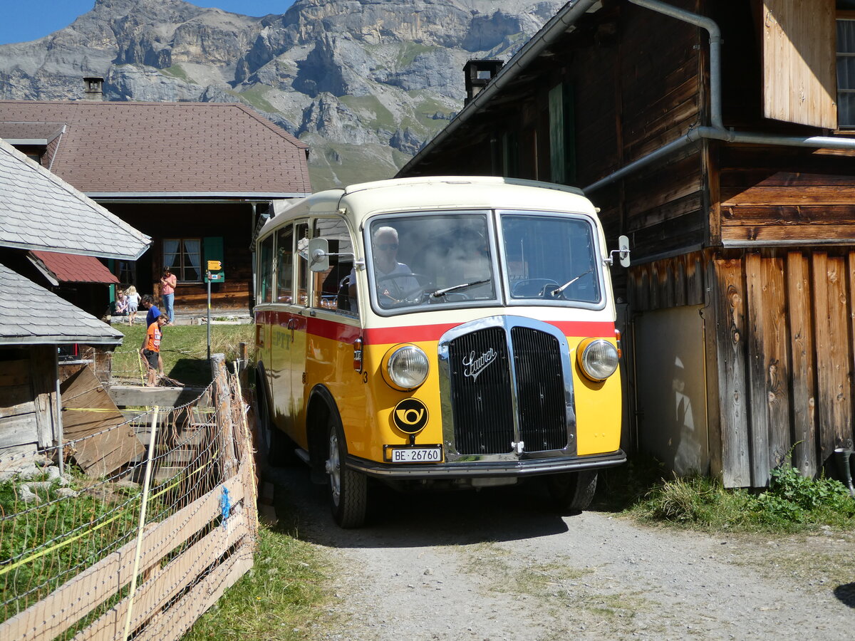 (255'094) - Schmid, Thrishaus - Nr. 3/BE 26'760 - Saurer/Gangloff (ex Geiger, Adelboden Nr. 3) am 10. September 2023 auf der Bundalp