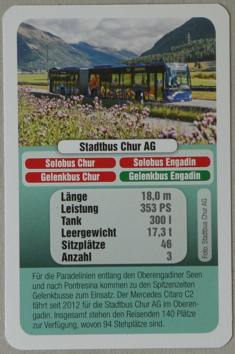 (256'061) - Quartett-Spielkarte mit Gelenkbus Engadin am 9. Oktober 2023