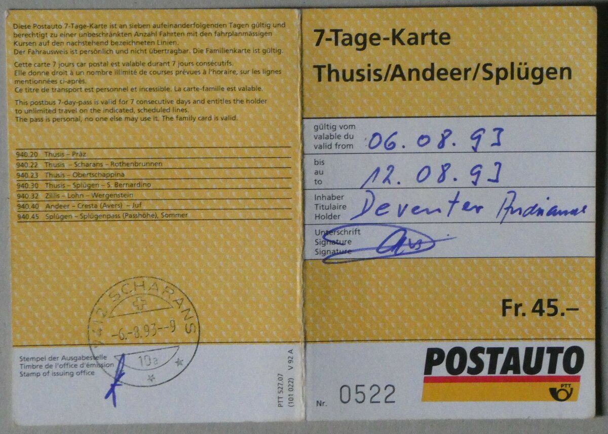 (256'540) - Postauto-7-Tage-Karte - Thusis/Andeer/Splgen - am 29. Oktober 2023 in Thun 