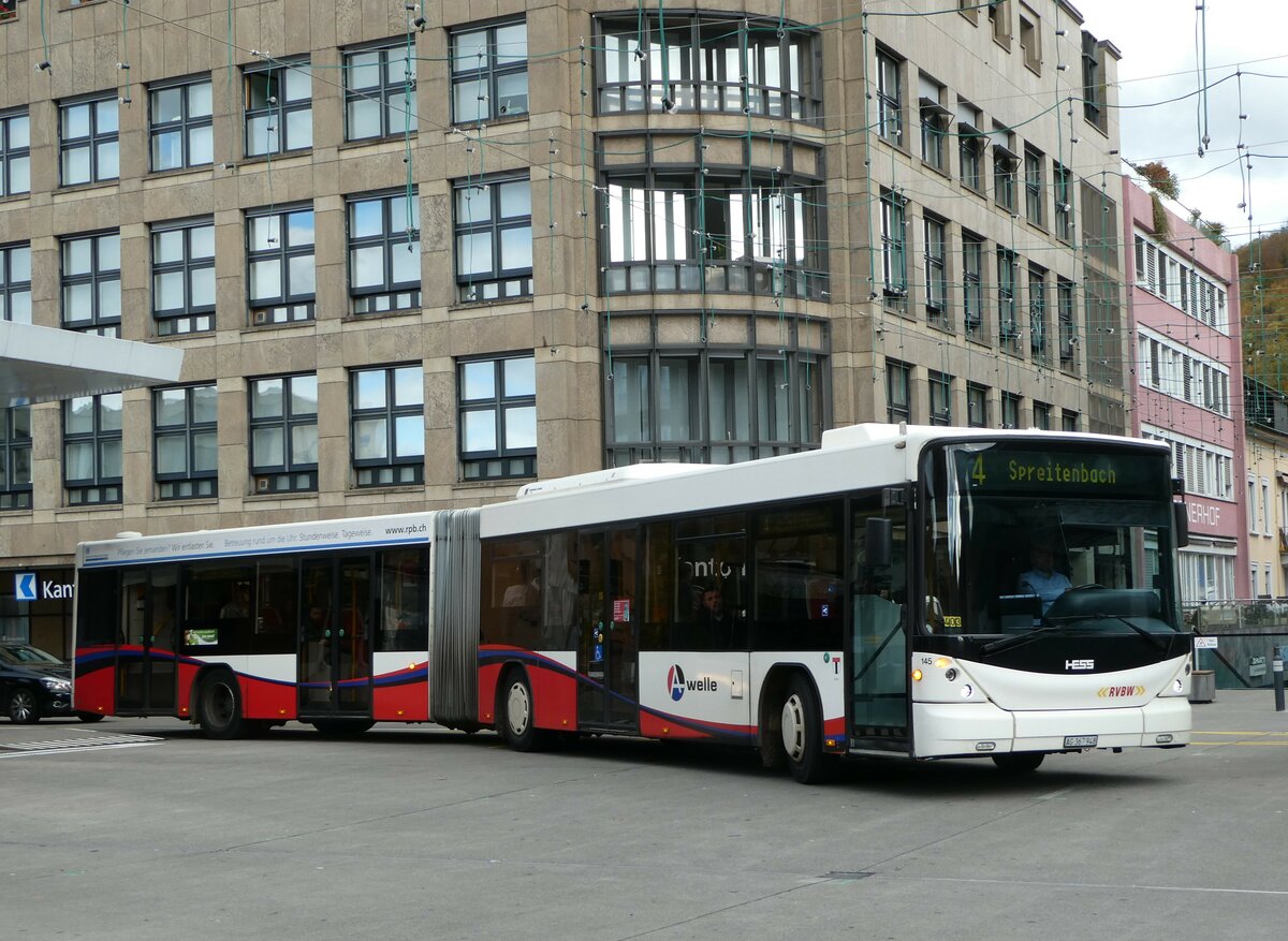 (256'755) - RVBW Wettingen - Nr. 145/AG 367'948 - Scania/Hess am 6. November 2023 beim Bahnhof Baden