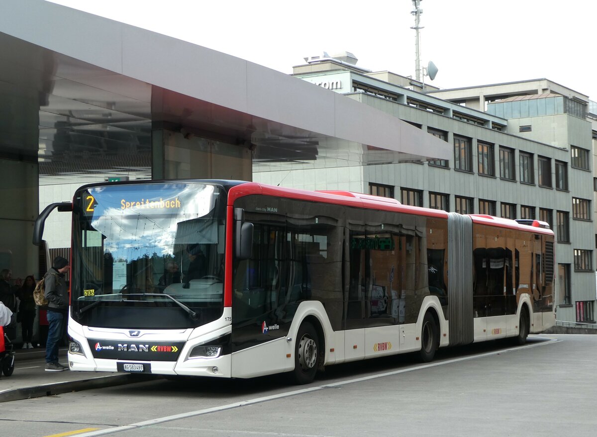 (256'758) - RVBW Wettingen - Nr. 175/AG 583'497 - MAN (ex AHW Horgen Nr. 611) am 6. November 2023 beim Bahnhof Baden