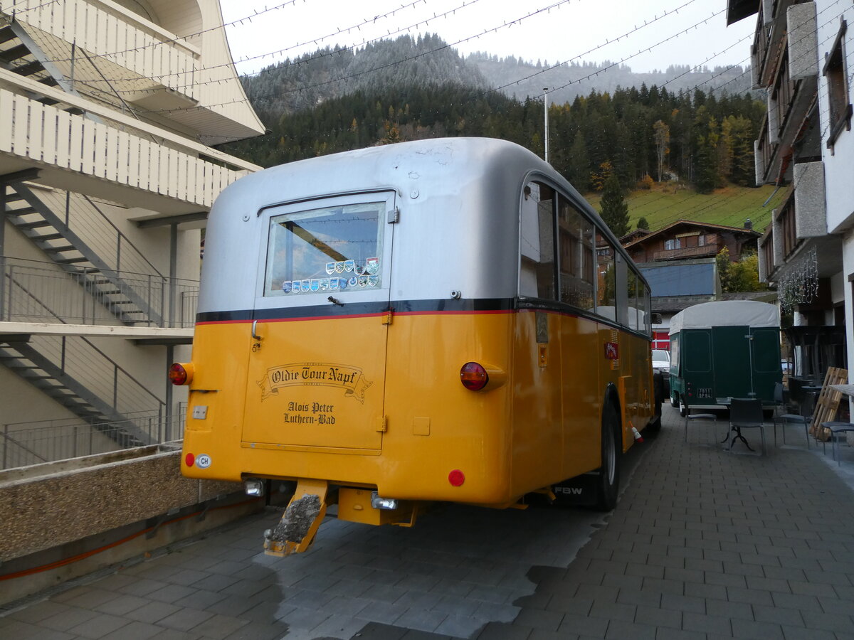 (256'815) - Peter, Luthern Bad - FBW/Gangloff (ex Reusser, Bassersdorf; ex Panel, Pverenges; ex P 24'562; ex P 1351) am 7. November 2023 in Adelboden, Hotel Beau Site