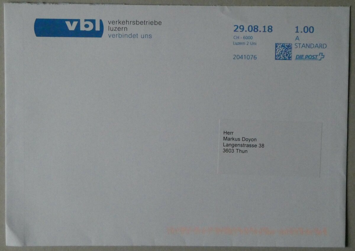 (256'974) - VBL-Briefumschlag vom 29. August 2018 am 12. November 2023 in Thun