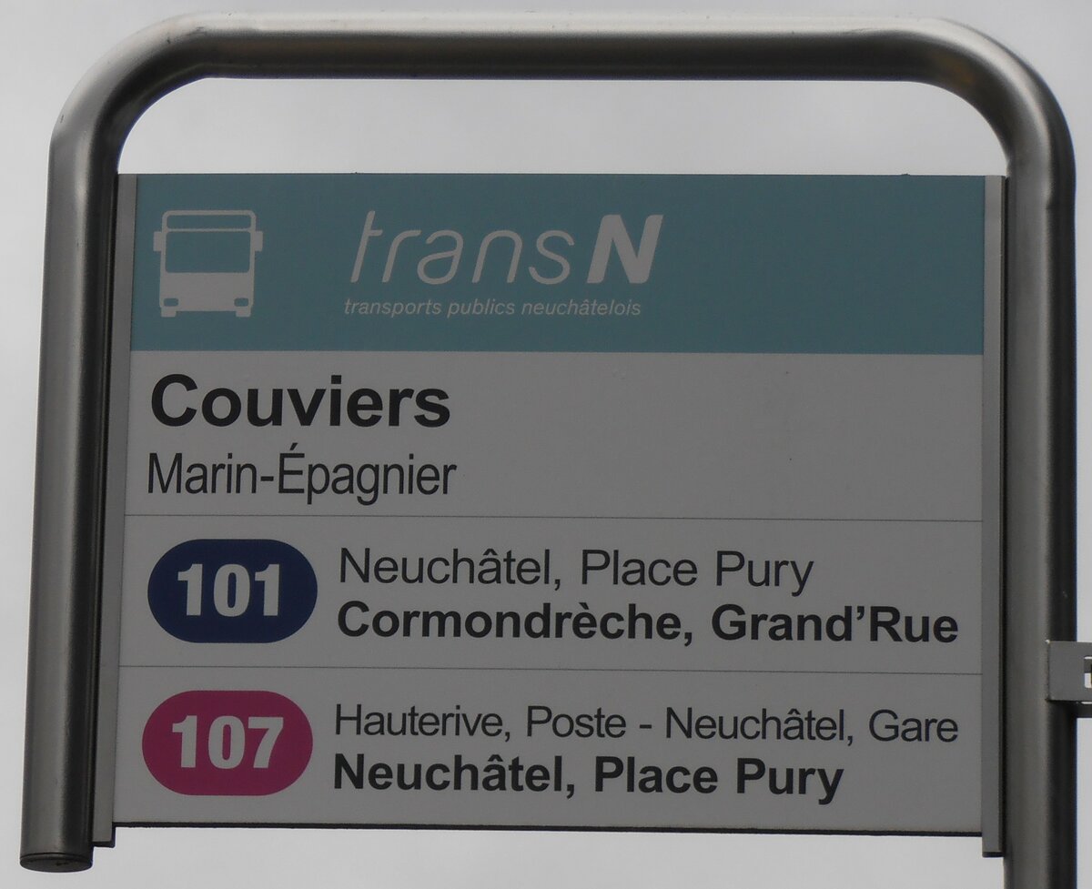 (257'560) - transN-Haltestellenschild - Marin-pagnier, Couviers - am 11. Dezember 2023