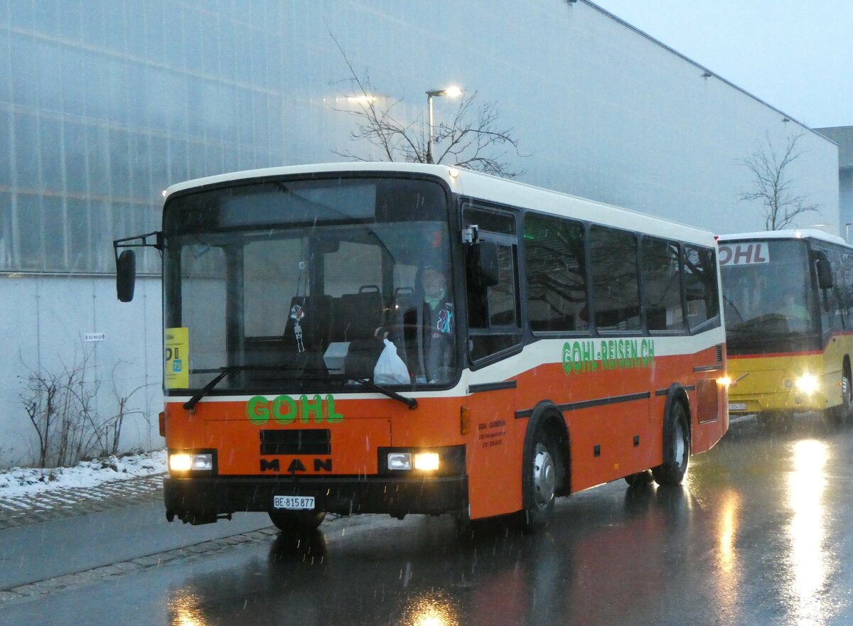 (258'156) - Gohl, Herzogenbuchsee - BE 815'877 - MAN/Lauber (ex AMSA Chiasso Nr. 19; ex Tresch, Amsteg PID 2290) am 6. Januar 2024 beim Bahnhof Frutigen