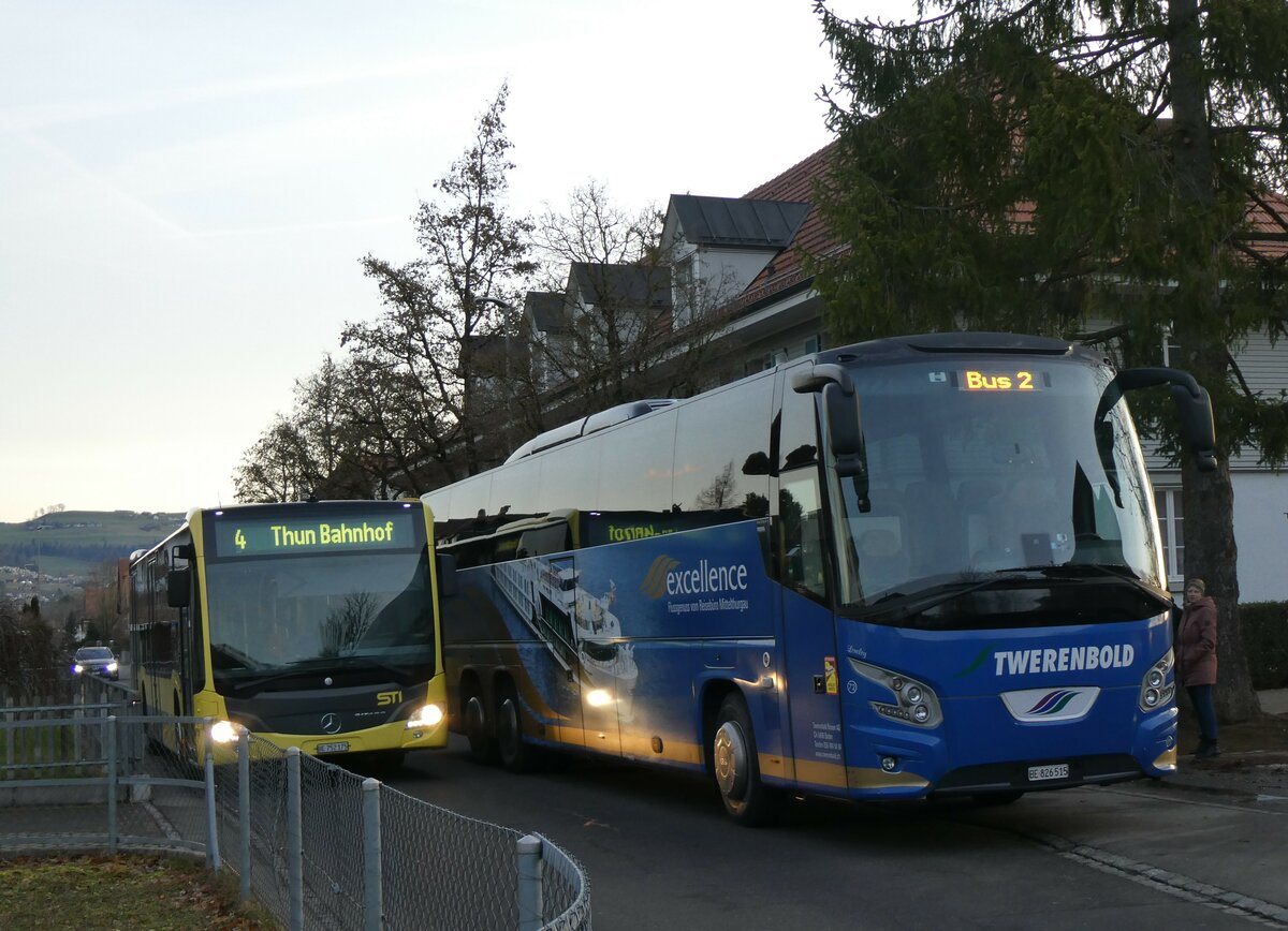 (258'908) - STI Thun - Nr. 175/BE 752'175 - Mercedes + Twerenbold, Baden - Nr. 72/BE 826'515 - VDL am 26. Januar 2024 in Thun Lerchenfeld, Langestrasse/Schulhaus