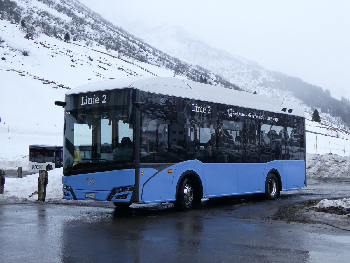 (259'244) - Mattli, Wassen - UR 9221/PID 11'795 - eSolaris (ex PostAuto Bern BE 90'275; ex PostAuto Bern BE 610'546) am 10. Februar 2024 in Andermatt, Gemsstockbahn