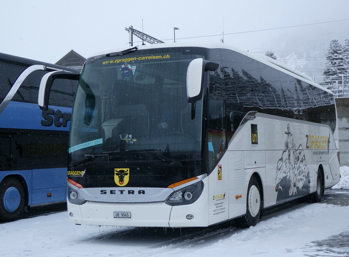 (259'533) - Zgraggen, Schattdorf - UR 9045 - Setra (ex Blaguss Slovakia, SK-Bratislava Nr. 50'413) am 23. Februar 2024 in Andermatt, Bahnhofplatz