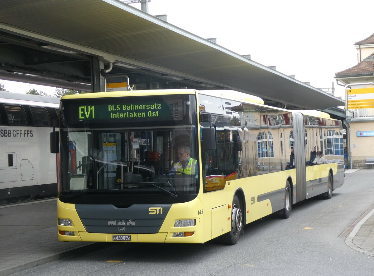 (259'661) - STI Thun - Nr. 145/BE 801'145 - MAN am 26. Februar 2024 beim Bahnhof Spiez