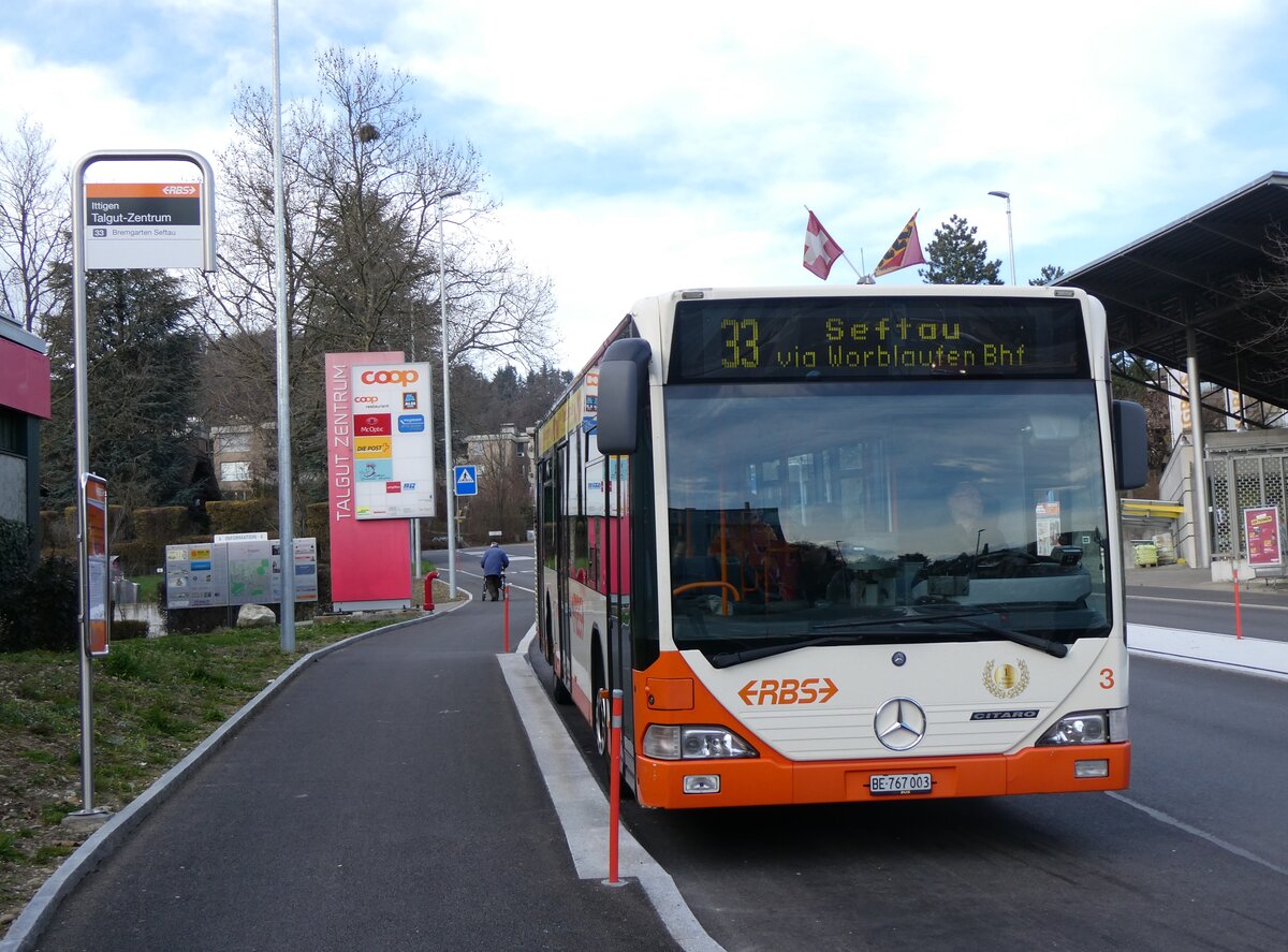 (260'069) - RBS Worblaufen - Nr. 3/BE 767'003 - Mercedes am 3. Mrz 2024 in Ittigen, Talgut-Zentrum