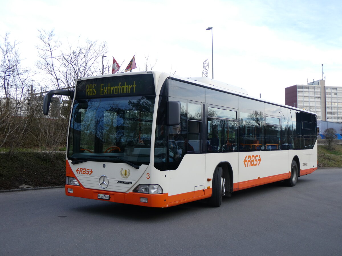 (260'074) - RBS Worblaufen - Nr. 3/BE 767'003 - Mercedes am 3. Mrz 2024 in Worblaufen, Garage (mit Zielanzeige: RBS Extrafahrt)