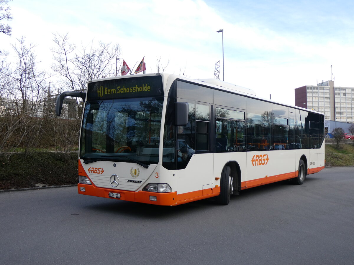 (260'095) - RBS Worblaufen - Nr. 3/BE 767'003 - Mercedes am 3. Mrz 2024 in Worblaufen, Garage (mit Zielanzeige: 40 Bern Schosshalde)