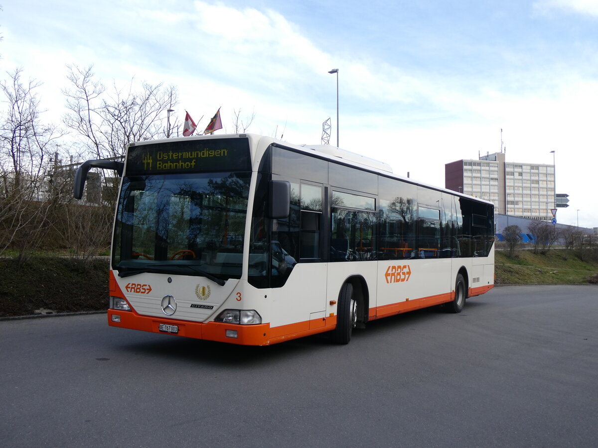 (260'098) - RBS Worblaufen - Nr. 3/BE 767'003 - Mercedes am 3. Mrz 2024 in Worblaufen, Garage (mit Zielanzeige: 44 Ostermundigen Bahnhof)