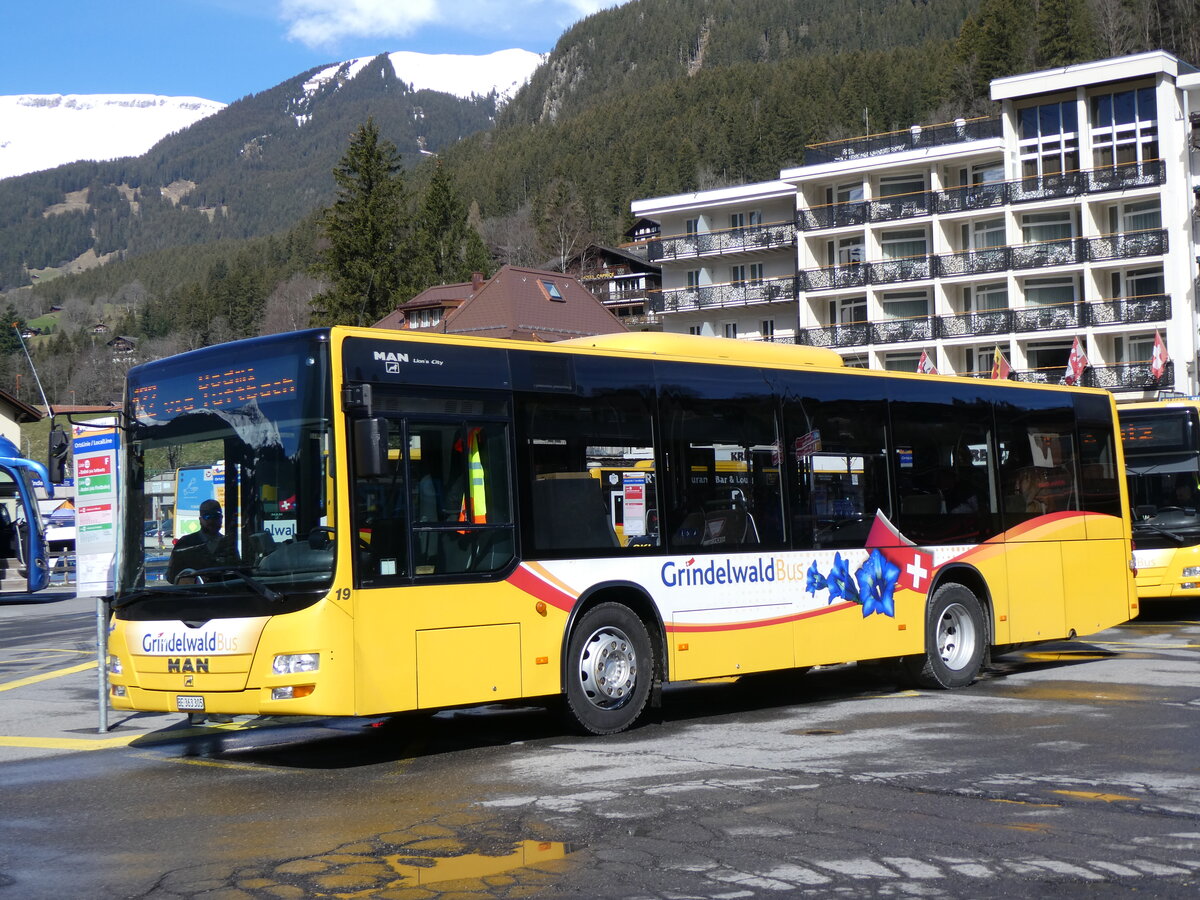 (260'501) - GrindelwaldBus, Grindelwald - Nr. 19/BE 363'305 - MAN/Gppel am 19. Mrz 2024 beim Bahnhof Grindelwald