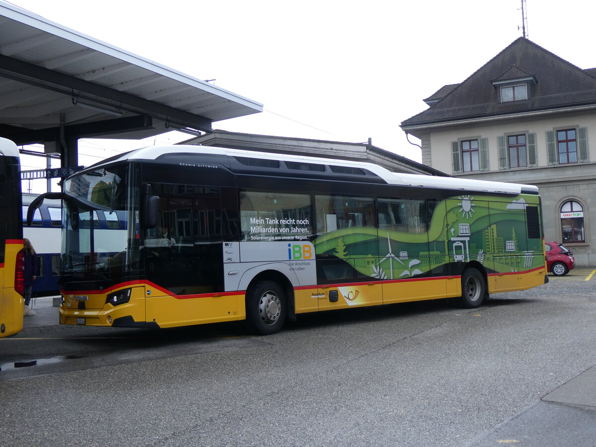 (260'757) - Voegtlin-Meyer, Brugg - AG 381'644/PID 11'611 - eScania am 28. Mrz 2024 beim Bahnhof Brugg