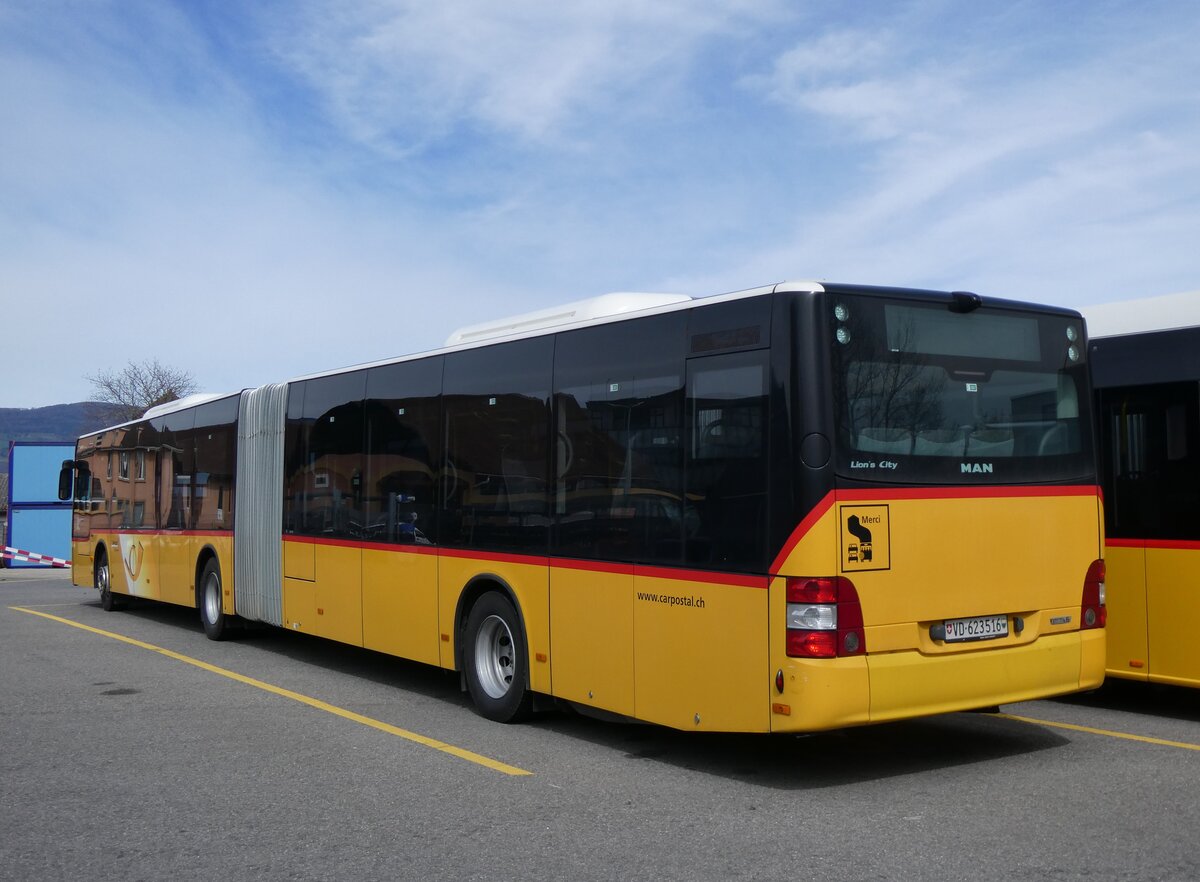 (260'822) - CarPostal Ouest - VD 623'516/PID 10'716 - MAN (ex JU 36'104) am 29. Mrz 2024 in Yverdon, Garage