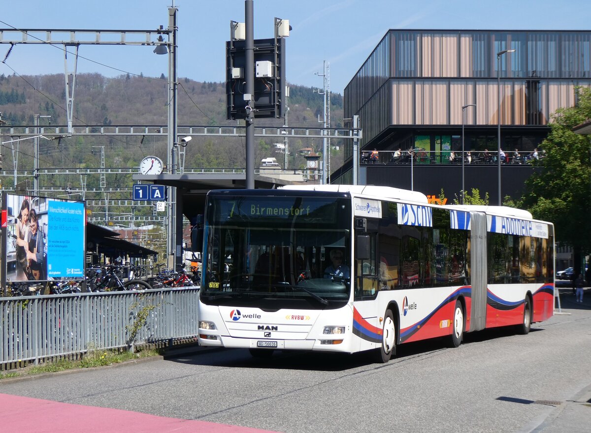 (261'158) - RVBW Wettingen - Nr. 150/AG 56'616 - MAN am 12. April 2024 beim Bahnhof Baden