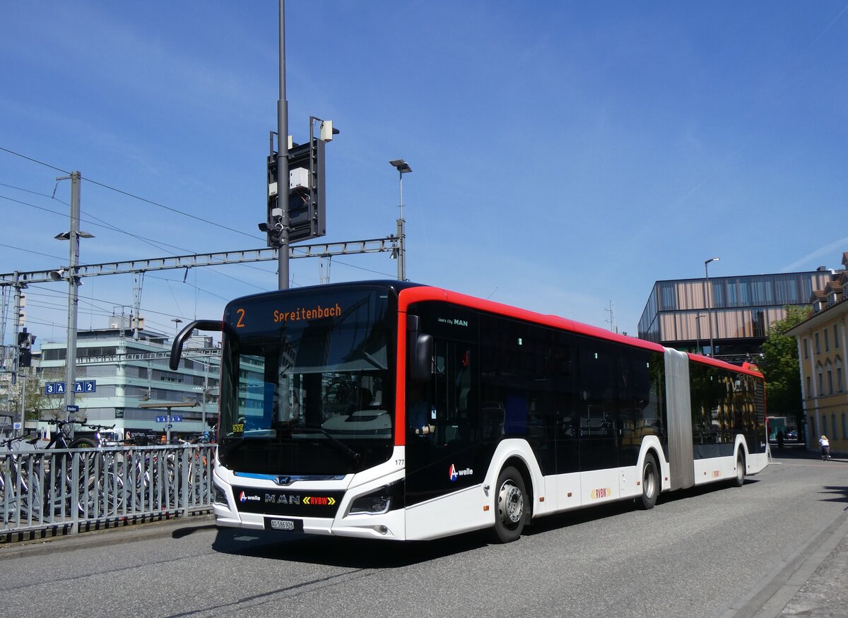 (261'165) - RVBW Wettingen - Nr. 177/AG 586'926 - MAN (ex AHW Horgen Nr. 613) am 12. April 2024 beim Bahnhof Baden