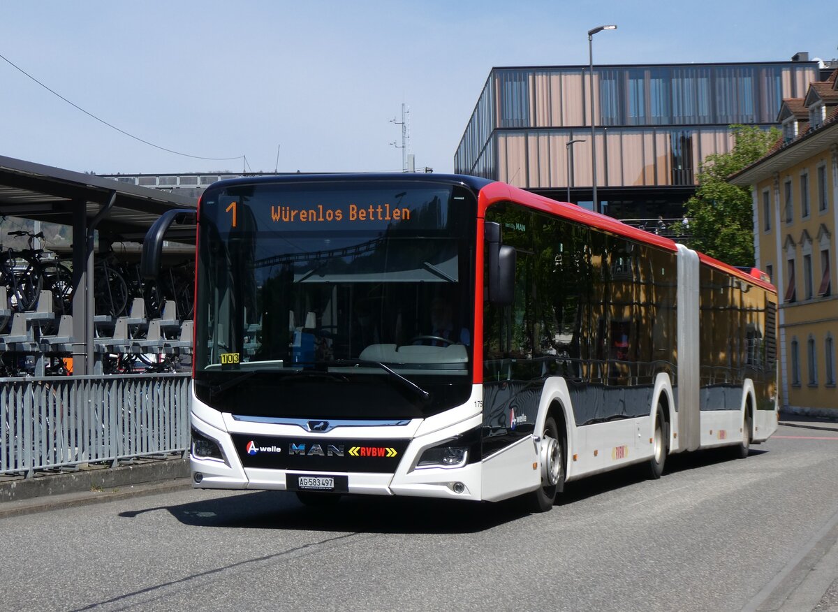 (261'189) - RVBW Wettingen - Nr. 175/AG 583'497 - MAN (ex AHW Horgen Nr. 611) am 12. April 2024 beim Bahnhof Baden