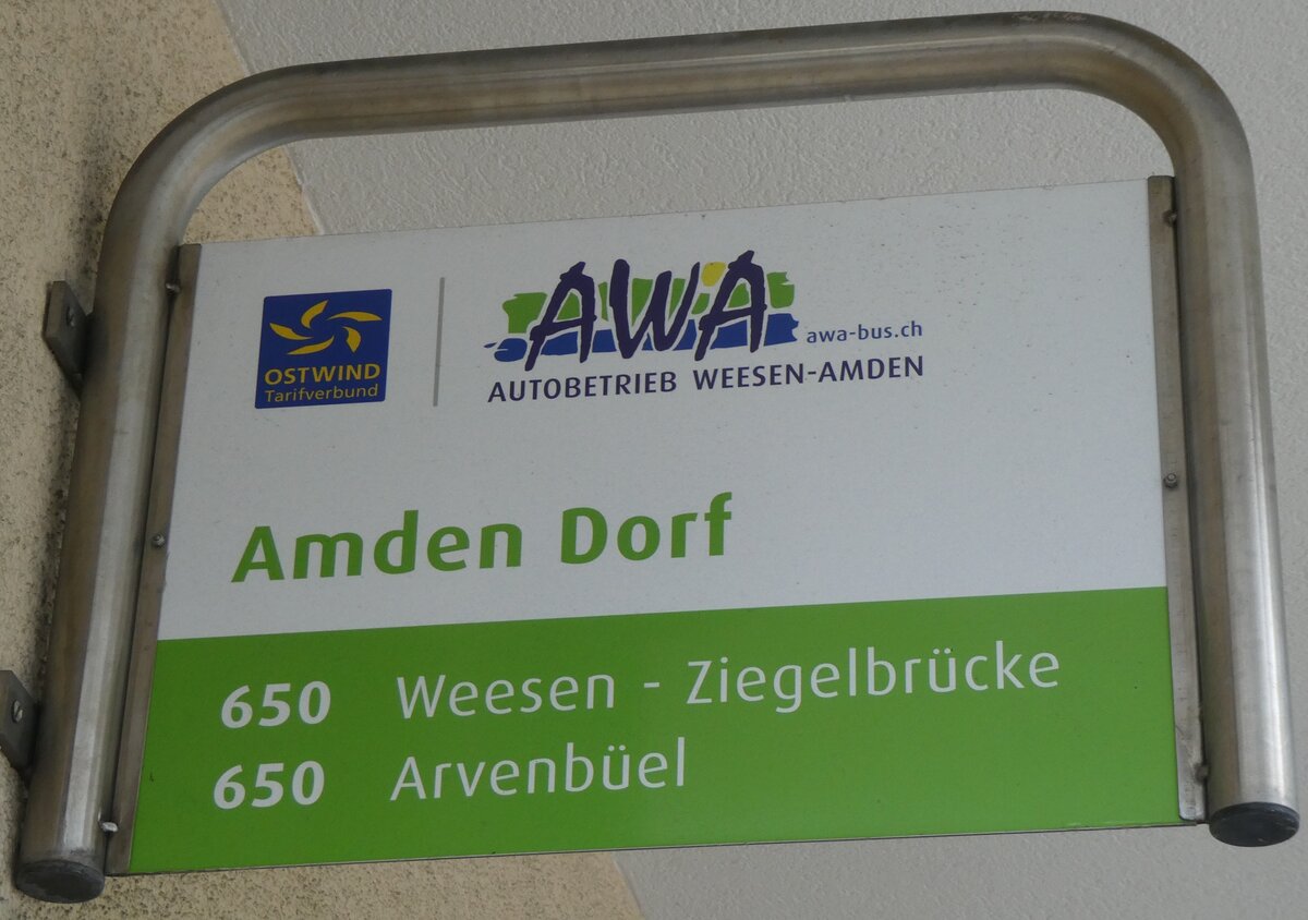 (263'914) - AWA-Haltestellenschild - Amden, Dorf - am 22. Juni 2024