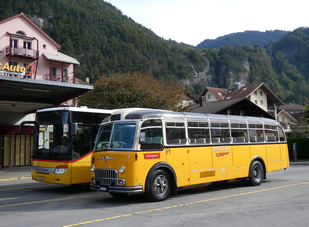 (267'430) - Gast, Reutigen - Nr. 1/BE 24'079 - FBW/FHS (ex Lambach, Gommiswald; ex Hotz, Rickenbach bei Wil/TG; ex P 24'079; ex P 21'579) am 22. September 2024 in Meiringen, Postautostation