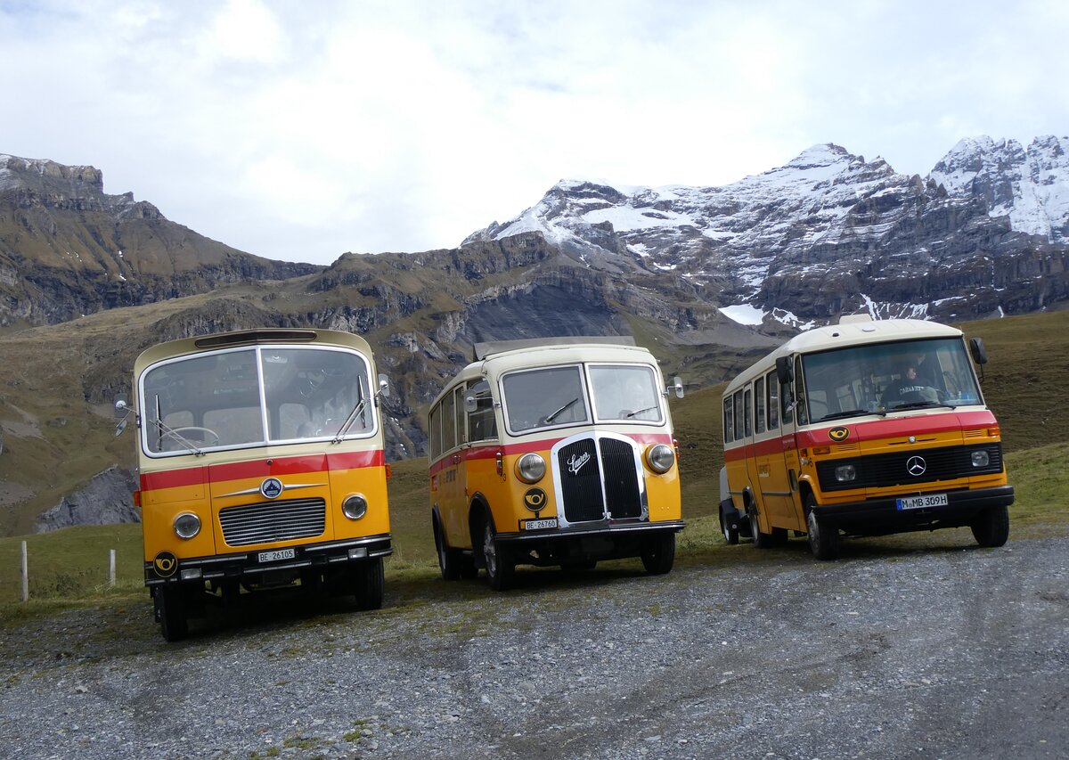 (268'114) - Schmid, Thrishaus - Nr. 9/BE 26'105 - Saurer/R&J (ex Geiger, Adelboden Nr. 9) + Nr. 3/BE 26'760 - Saurer/Gangloff (ex Geiger, Adelboden Nr. 3) + aus Deutschland: Hahn, Mnchen - Nr. 6/M-MB 309H - Mercedes (ex Mller, CH-Ennetmoos Nr. 6; ex Portenier, CH-Adelboden Nr. 6; ex Geiger, CH-Adelboden Nr. 6) am 12. Oktober 2024 auf dem Bundlger