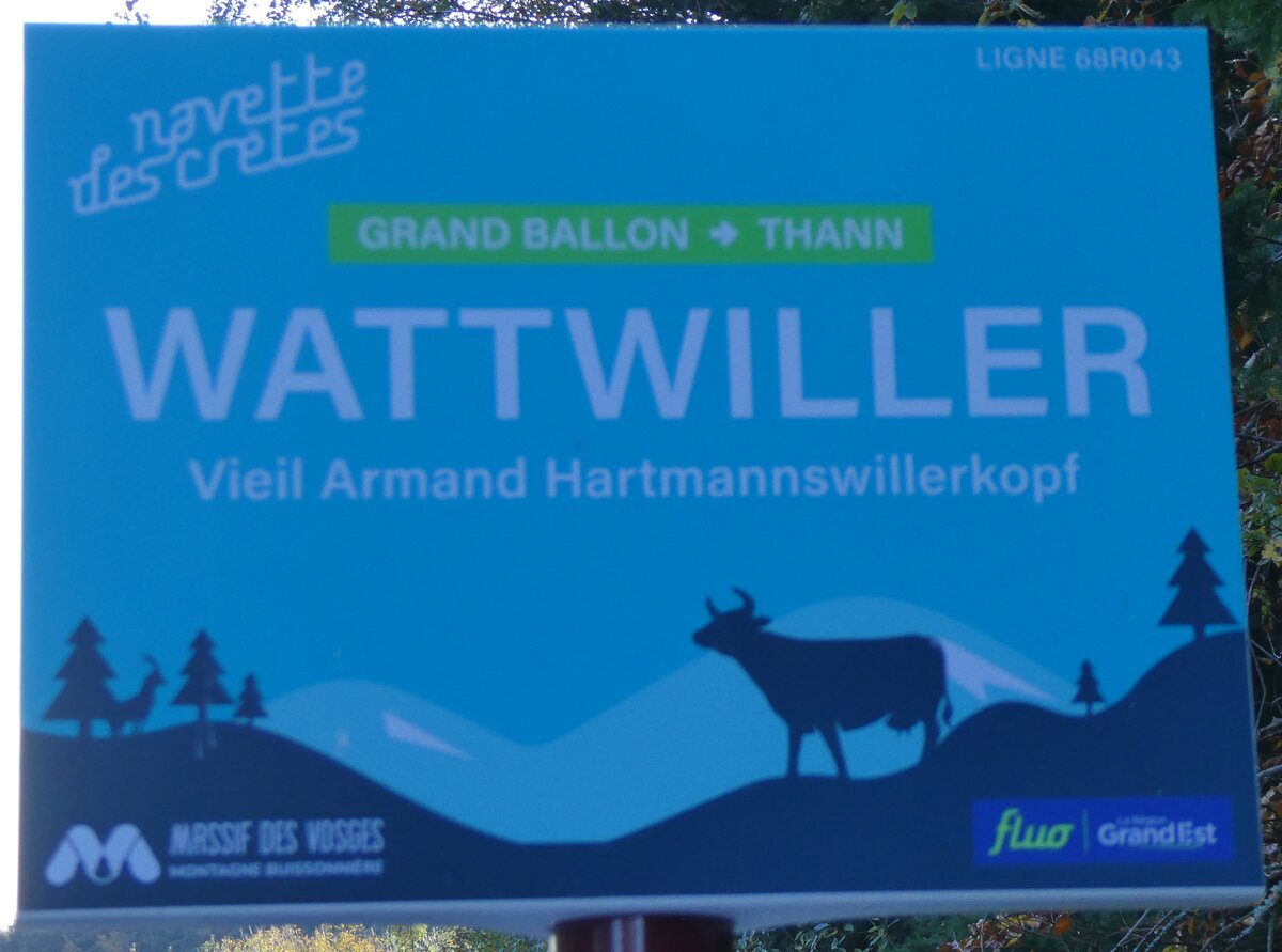 (268'789) - fluo Grand Est-Haltestellenschild - Wattwiller, Vieil Armand Hartmannswillerkopf - am 27. Oktober 2024