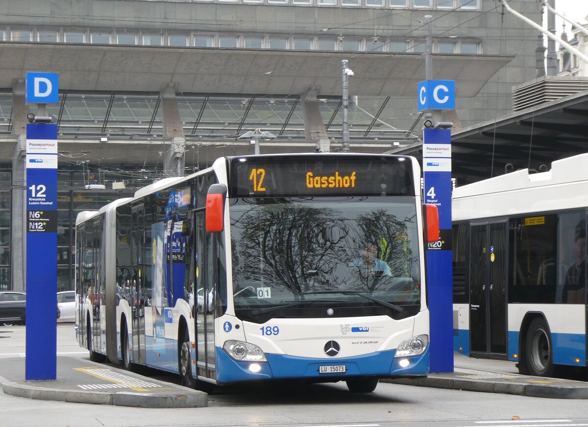 (269'045) - VBL Luzern - Nr. 189/LU 15'073 - Mercedes am 9. November 2024 beim Bahnhof Luzern