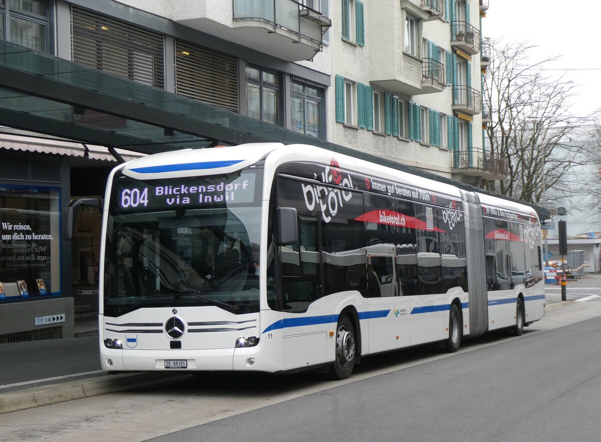 (269'055) - ZVB Zug - Nr. 11/ZG 88'181 - eMercedes am 9. November 2024 beim Bahnhof Zug