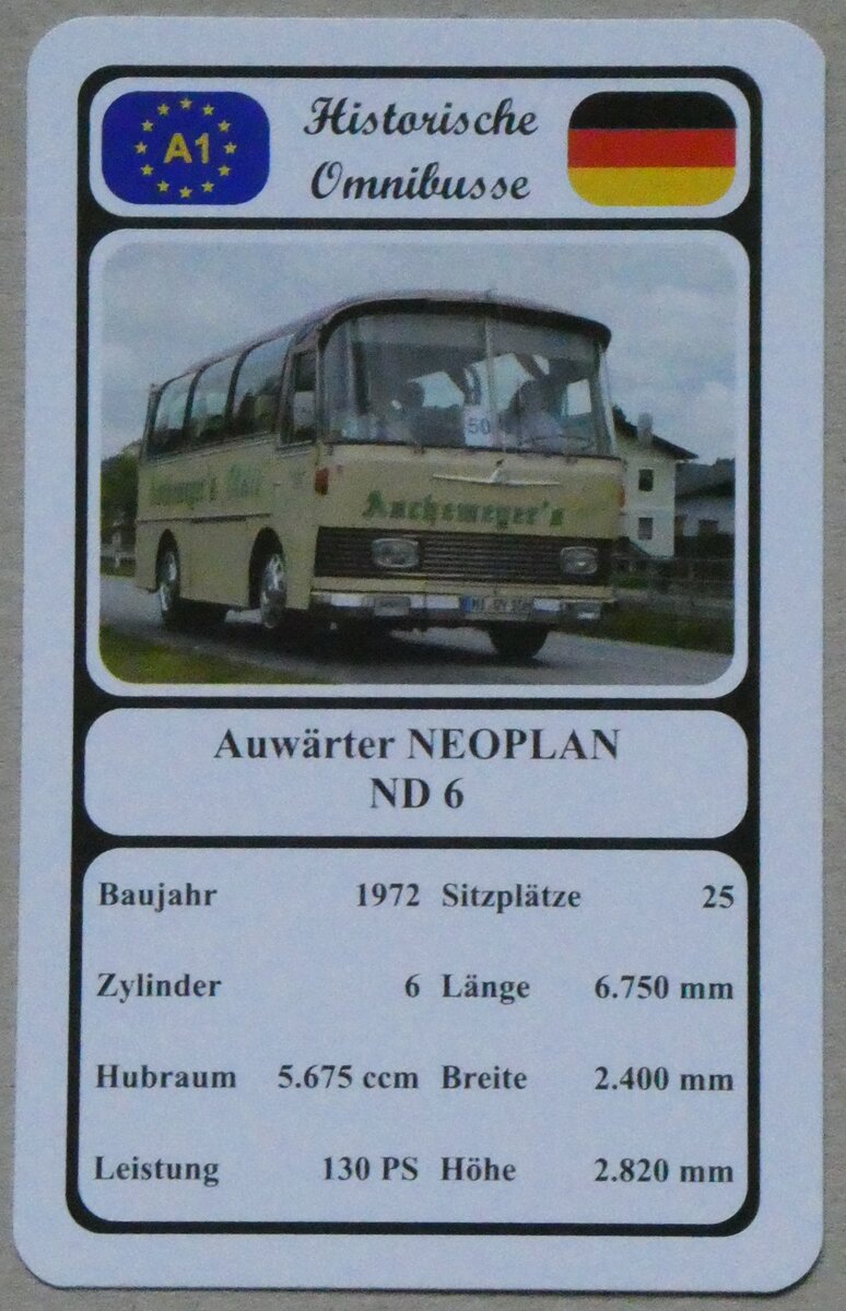 (269'226) - Quartett-Spielkarte mit Auwrter NEOPLAN ND 6 von 1972 am 17. November 2024 in Thun