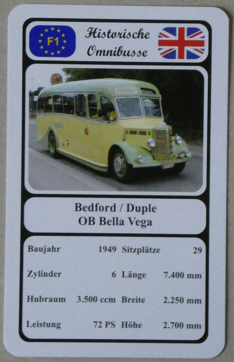 (270'456) - Quartett-Spielkarte mit Bedford / Duple OB Bella Vega von 1949 am 31. Dezember 2024 in Thun