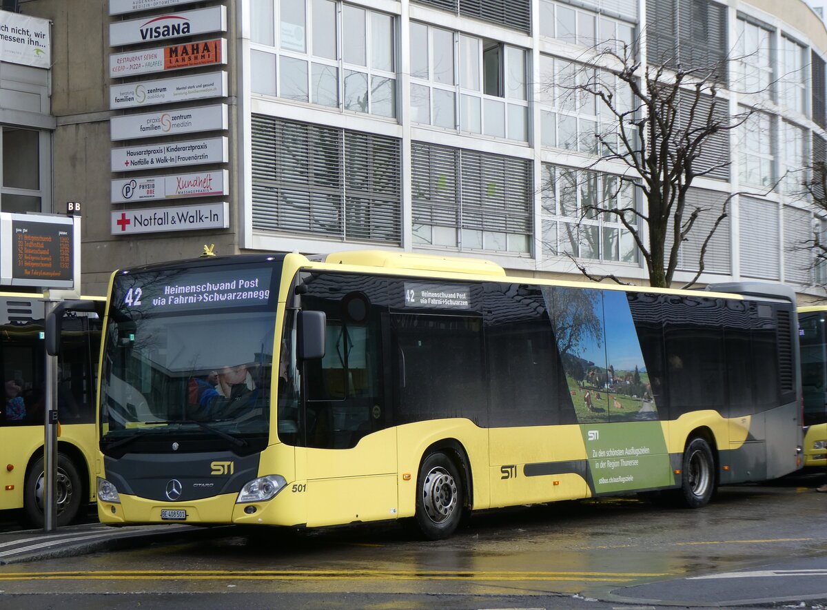 (270'583) - STI Thun - Nr. 501/BE 408'501 - Mercedes am 3. Januar 2025 beim Bahnhof Thun