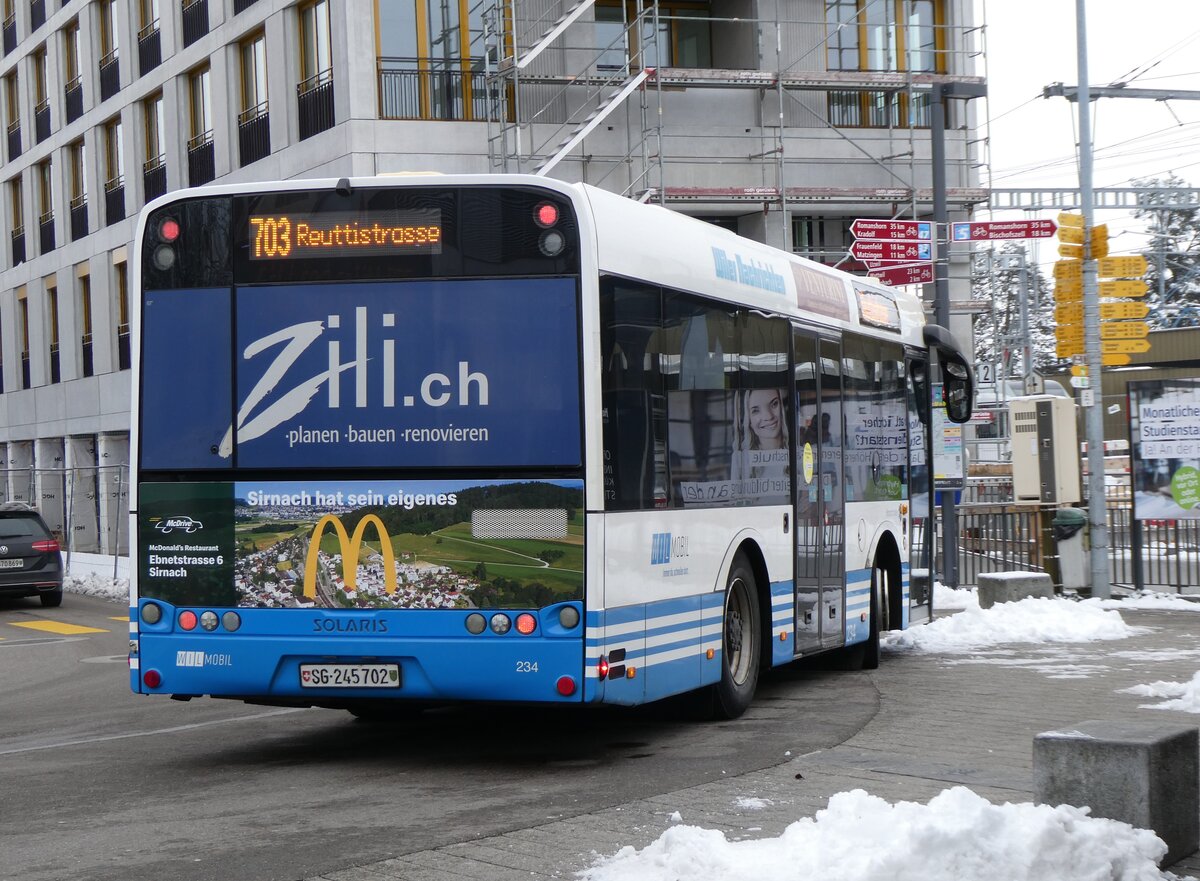 (270'626) - WilMobil, Wil - Nr. 234/SG 245'702 - Solaris am 4. Januar 2025 beim Bahnhof Wil