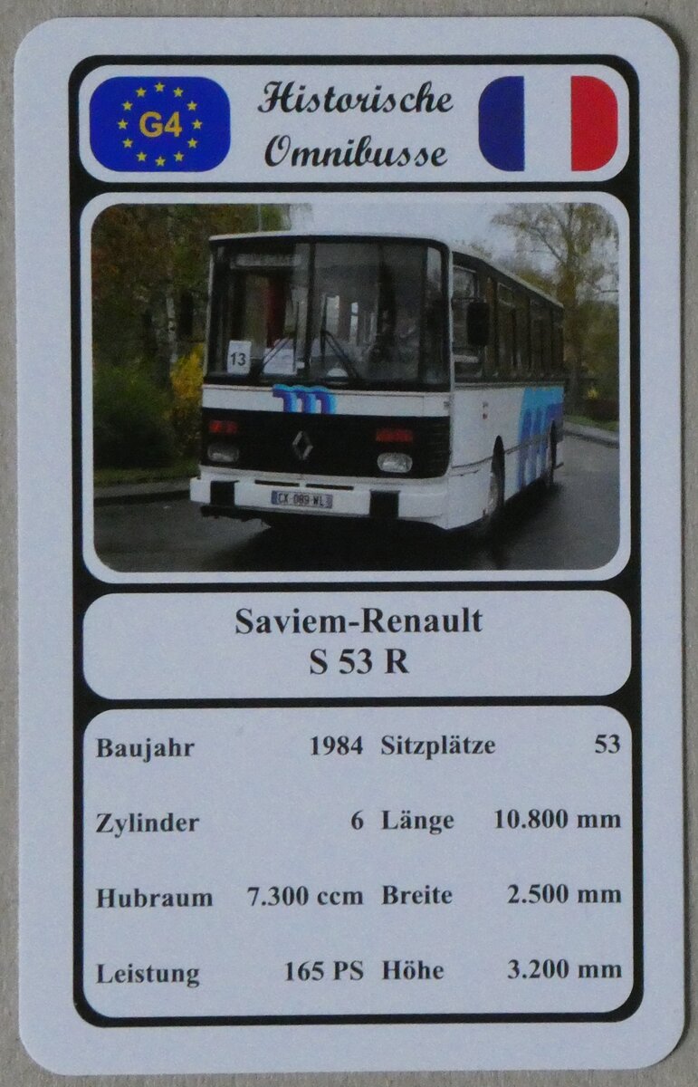 (270'654) - Quartett-Spielkarte mit Saviem-Renault S 53 R von 1984 am 5. Januar 2025 in thun